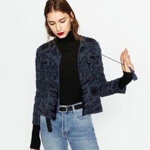 Zara Embroidered Blue Cropped Jacket with Tassels